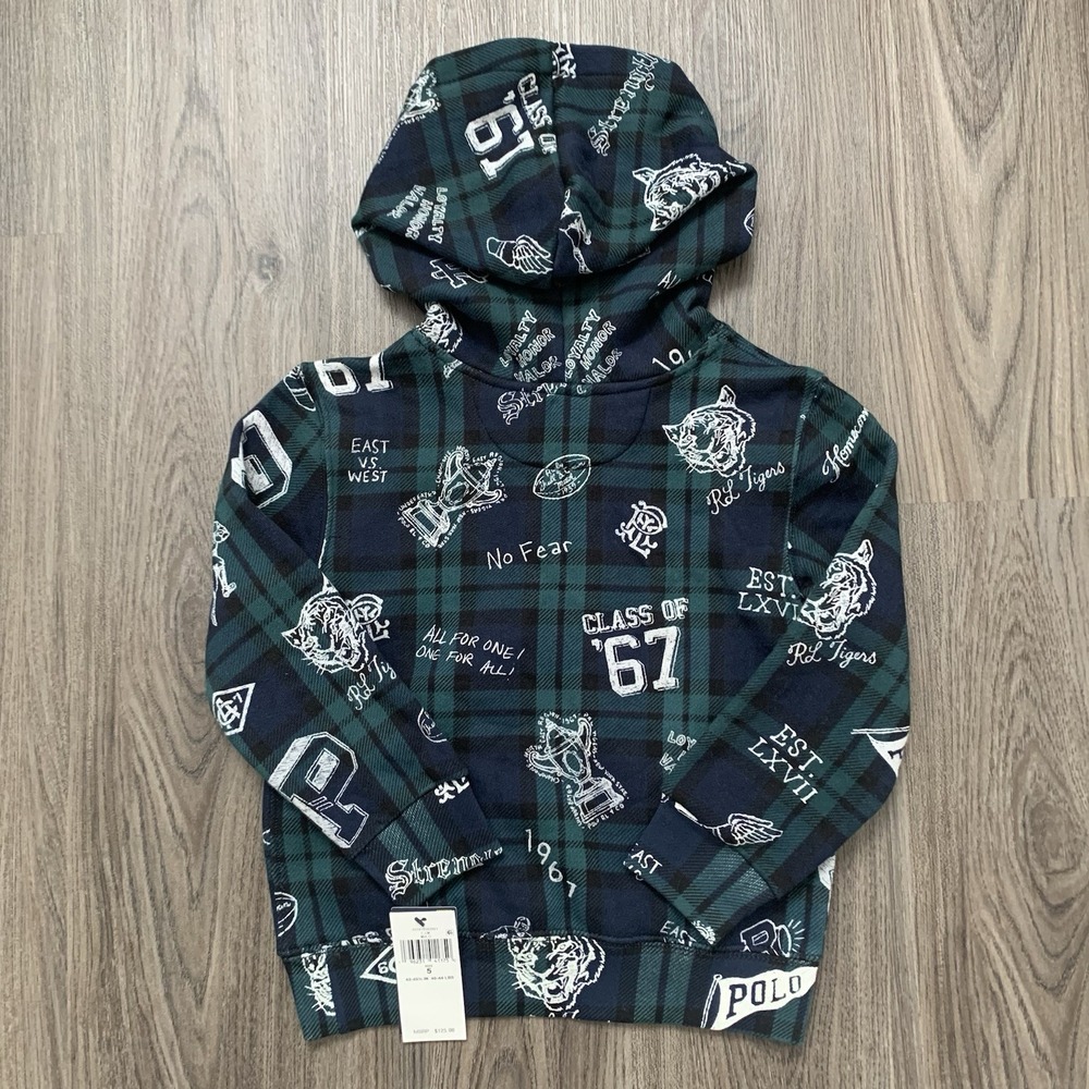 Polo Ralph Lauren Boys Navy Plaid Fleece Graphic Hoodie Size 5 NWT 125$ - Picture 4 of 9